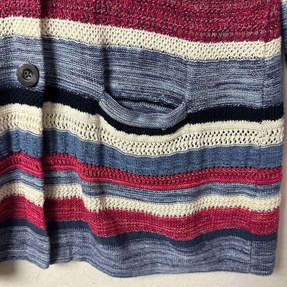 J Jill Sweater Womens Large petite Blue Striped Pockets Linen‎ Blend Cardigan - Picture 2 of 5